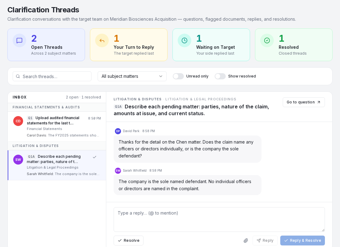The clarification threads inbox with an open conversation between the deal team and the target